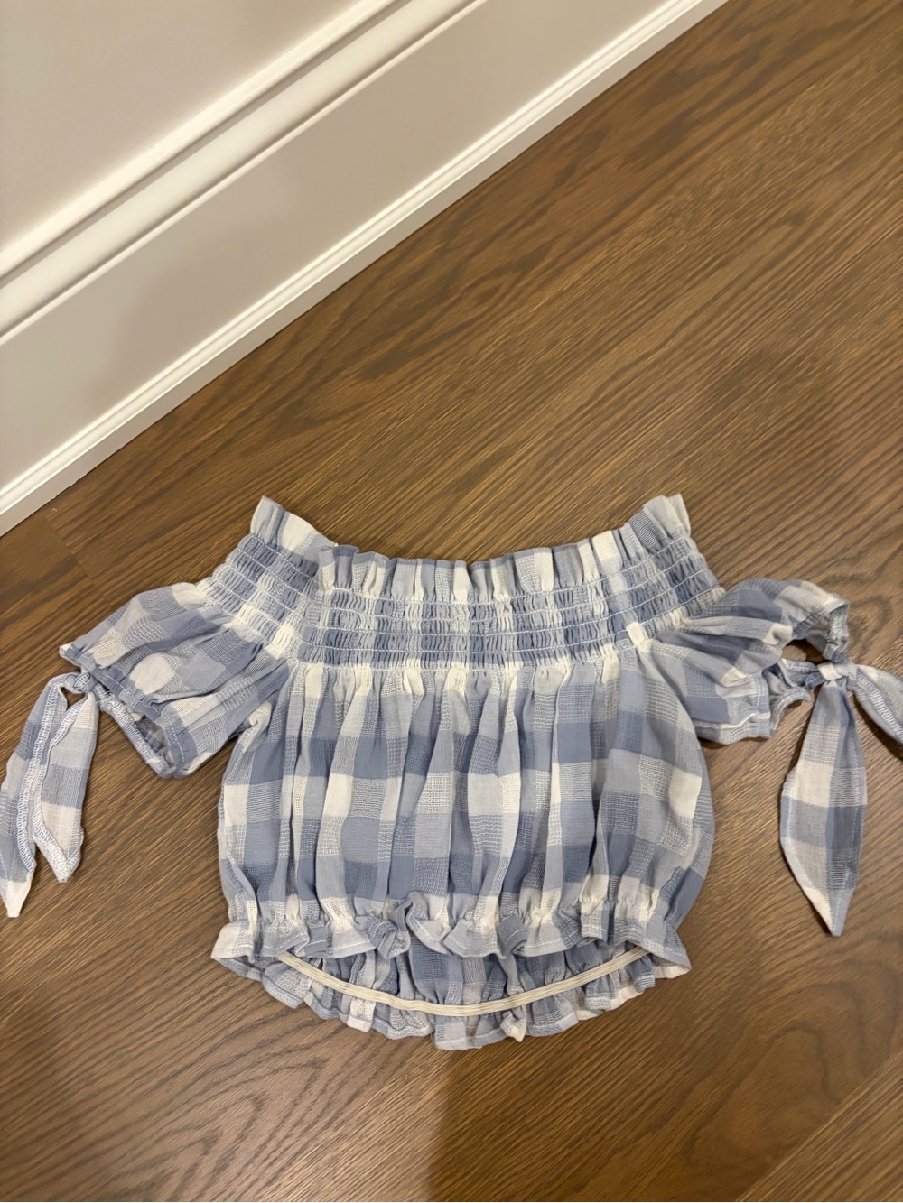 Beach Riot Blue and White Gingham Off-Shoulder Smocked Crop Top